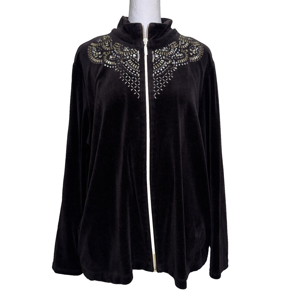 Chico's Zenergy Velour Jacket 3 XL Black Embellished Rhinestone Luxe Boho Y2K